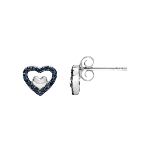 blue diamond open double heart stud earrings