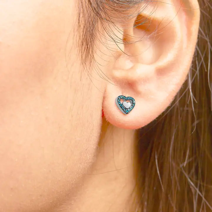 blue diamond open double heart stud earrings