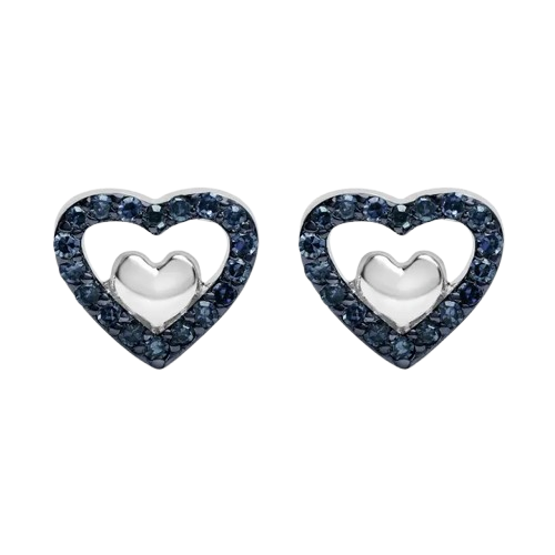 blue diamond open double heart stud earrings
